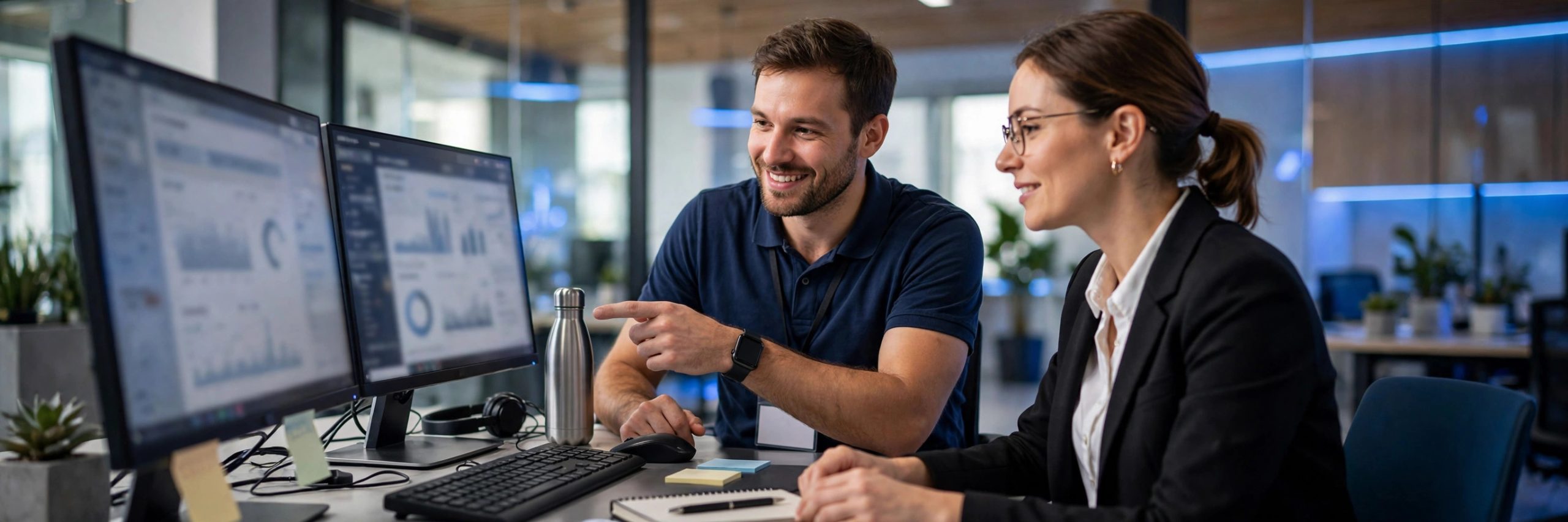 IT technician helping a California business professional at a modern office desk