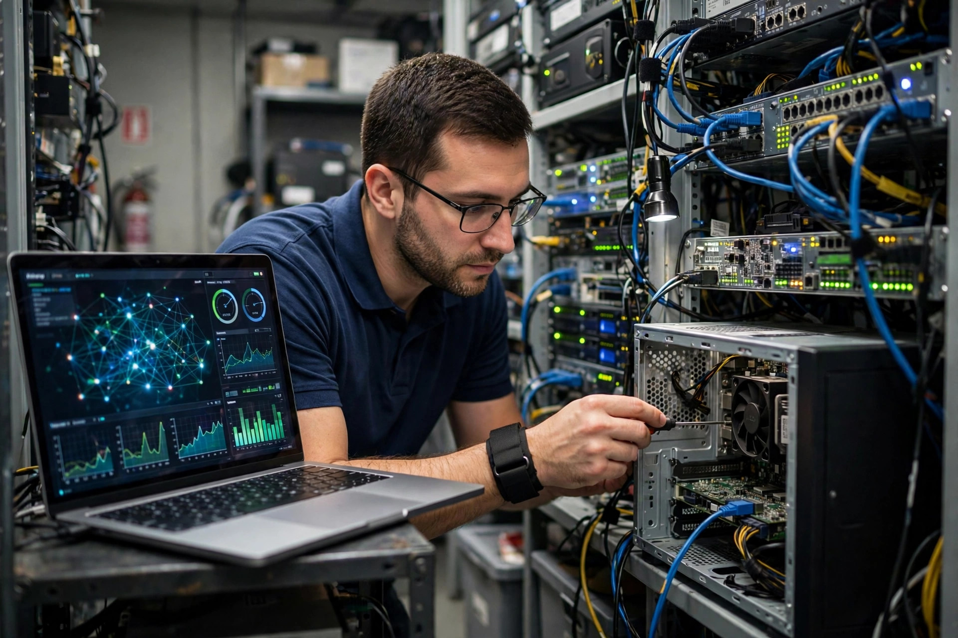 IT technician troubleshooting and repairing a business computer