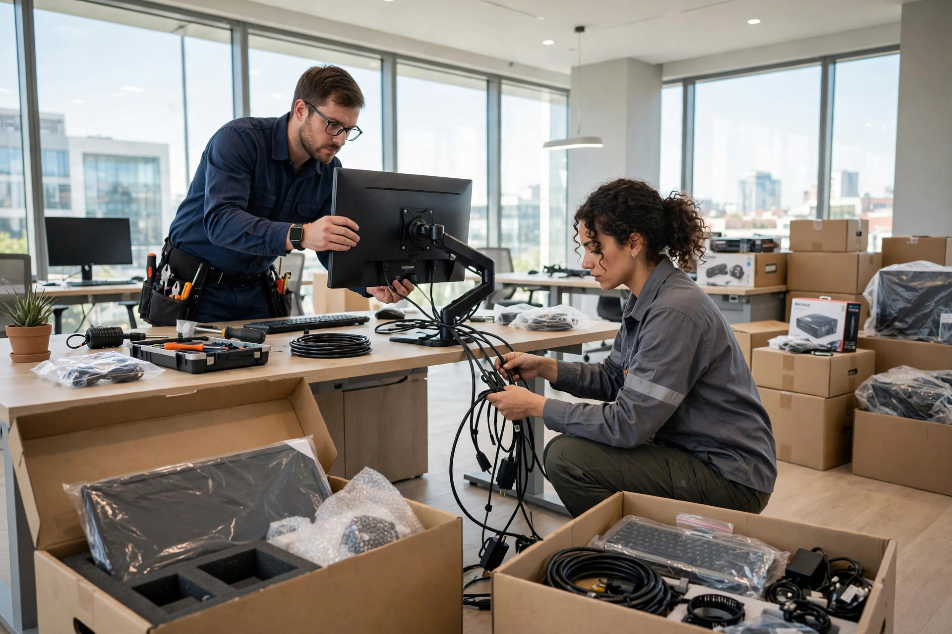 IT technicians setting up computers and networks for a new office