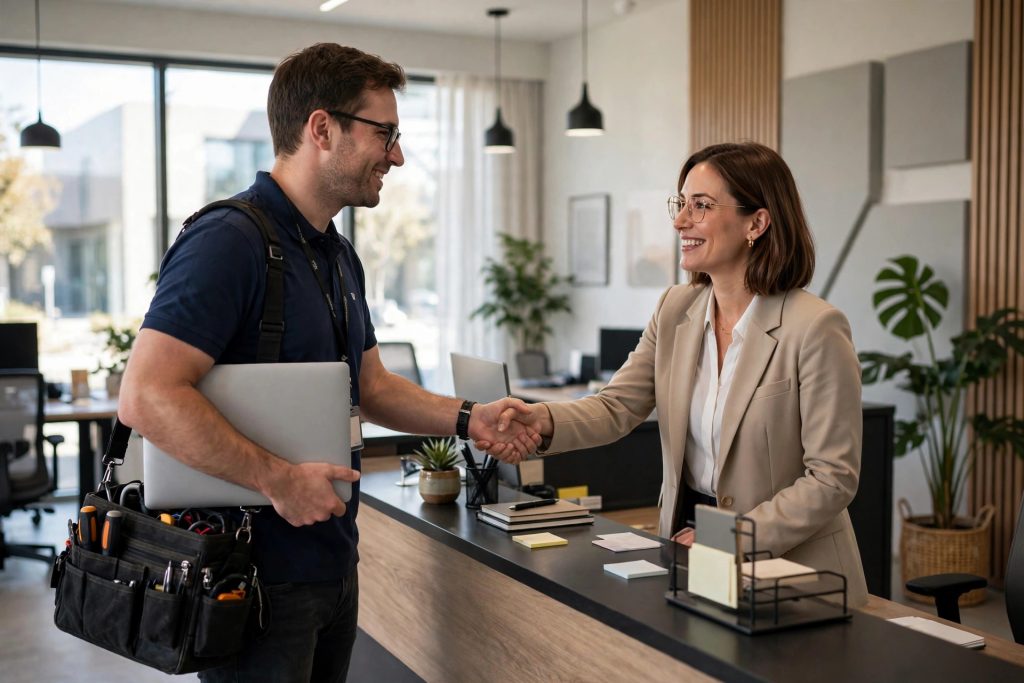 On-site IT support technician arriving at a California business office