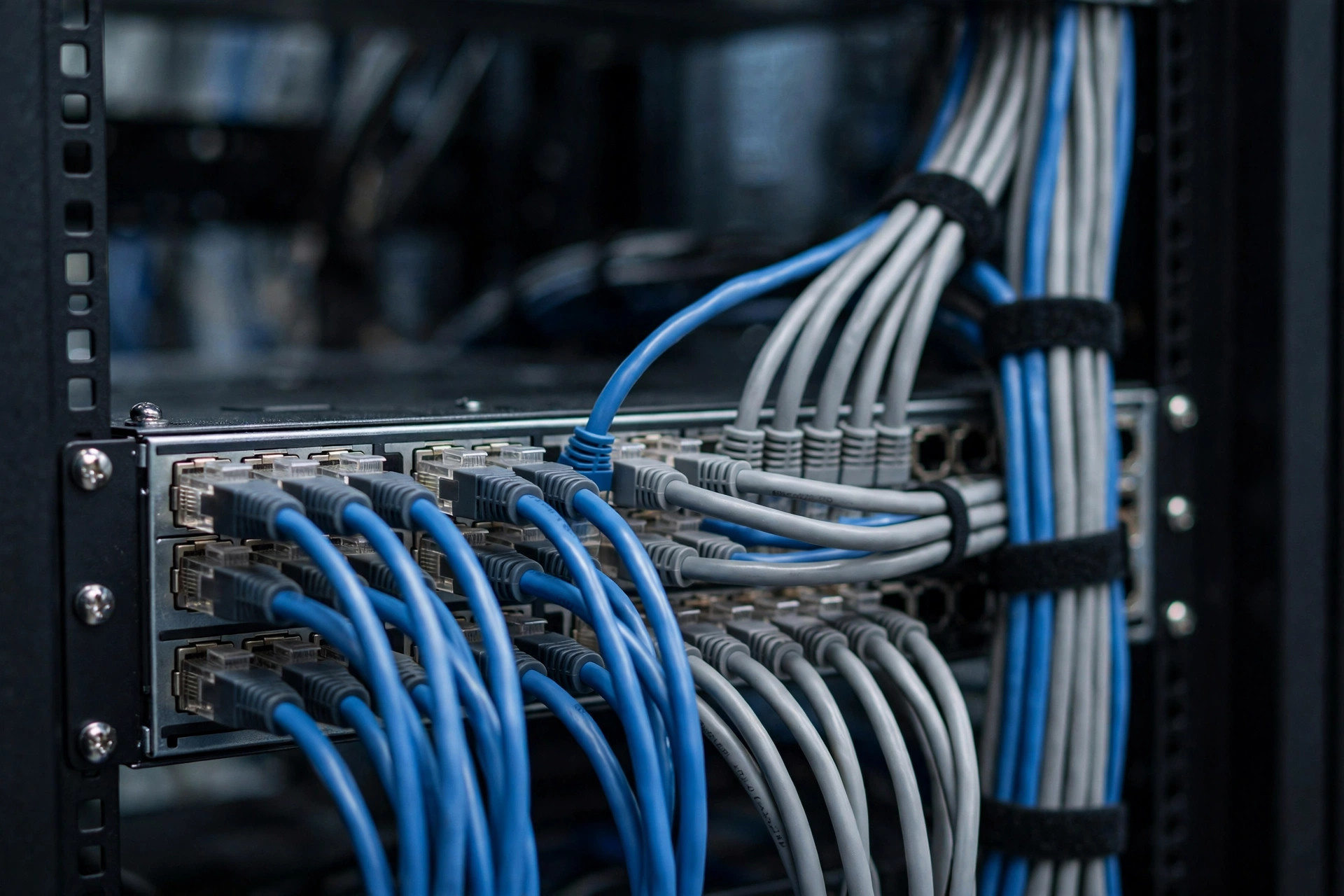 Neatly organized ethernet network cables in a patch panel for structured cabling services